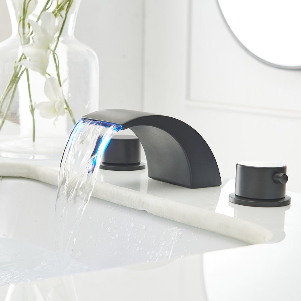 Robinet de salle de bain à 2 poignées de 8 pouces avec lumière LED et drain en noir mat