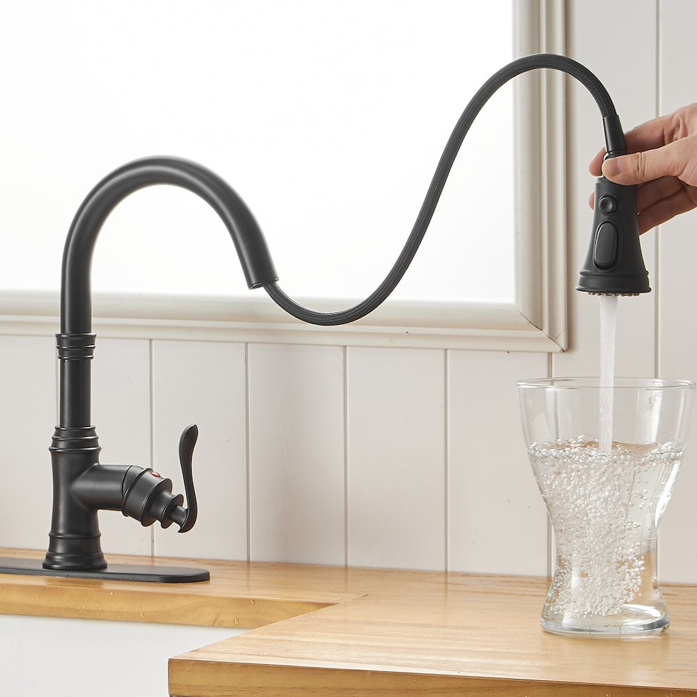 4551 Single-Handle Pull-Down Sprayer 3 Spray High Arc Kitchen Faucet with Deck Plate in Matte Black
