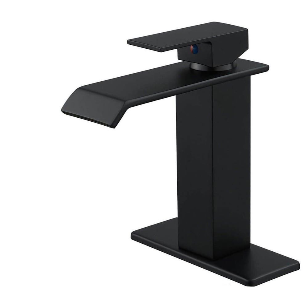 Robinet de salle de bain monotrou à poignée unique et à arc bas 6004 Waterfall avec ensemble de vidange en noir mat