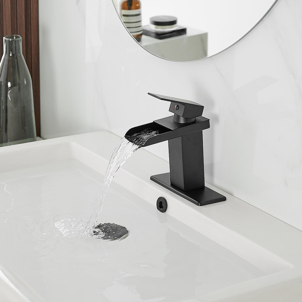 Robinet de salle de bain monotrou à poignée unique et à arc bas 6009 avec ensemble de vidange en noir mat