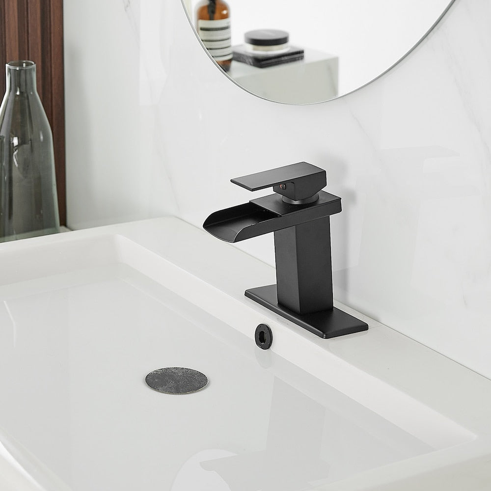 Robinet de salle de bain monotrou à poignée unique et à arc bas 6009 avec ensemble de vidange en noir mat