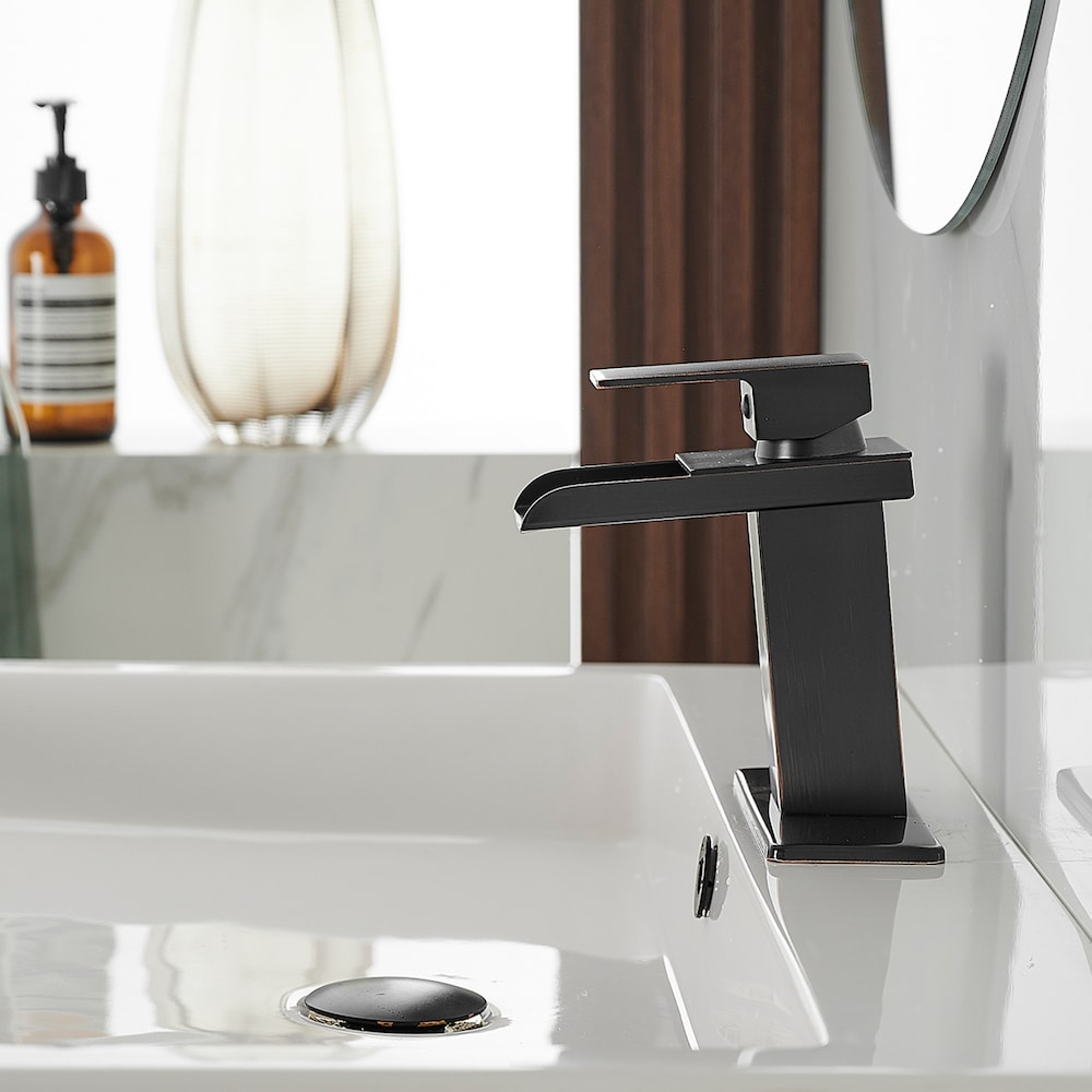 Robinet de salle de bain monotrou à poignée unique et à arc bas 6009 avec ensemble de vidange en noir mat