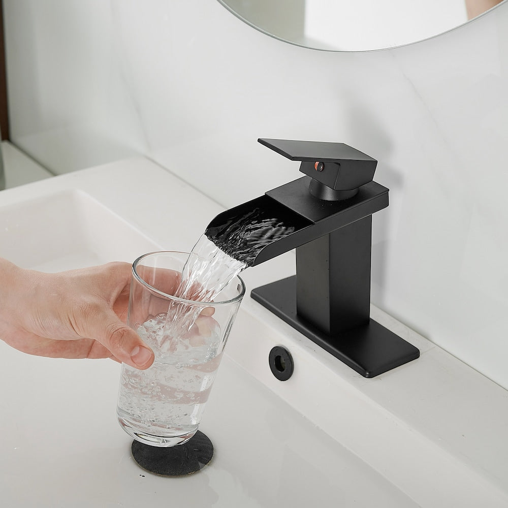 Robinet de salle de bain monotrou à poignée unique et à arc bas 6009 avec ensemble de vidange en noir mat