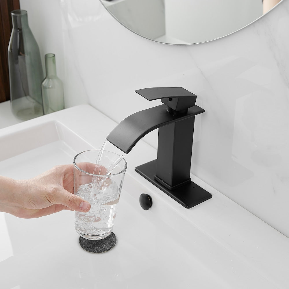 Waterfall Single Handle Single Hole Low-Arc Bathroom Faucet Bathroom Vanity Sink in Matte Black