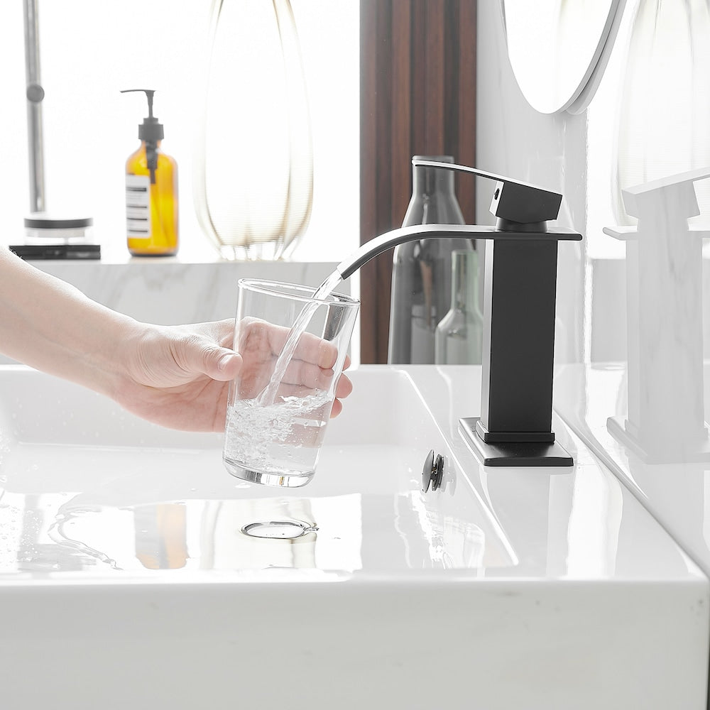 Waterfall Single Handle Single Hole Low-Arc Bathroom Faucet Bathroom Vanity Sink in Matte Black