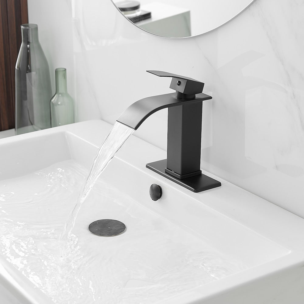 Waterfall Single Handle Single Hole Low-Arc Bathroom Faucet Bathroom Vanity Sink in Matte Black