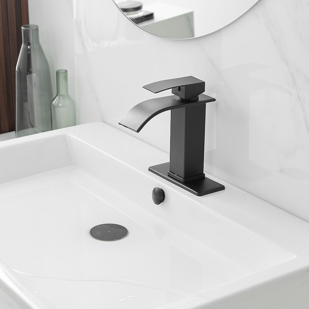 Waterfall Single Handle Single Hole Low-Arc Bathroom Faucet Bathroom Vanity Sink in Matte Black