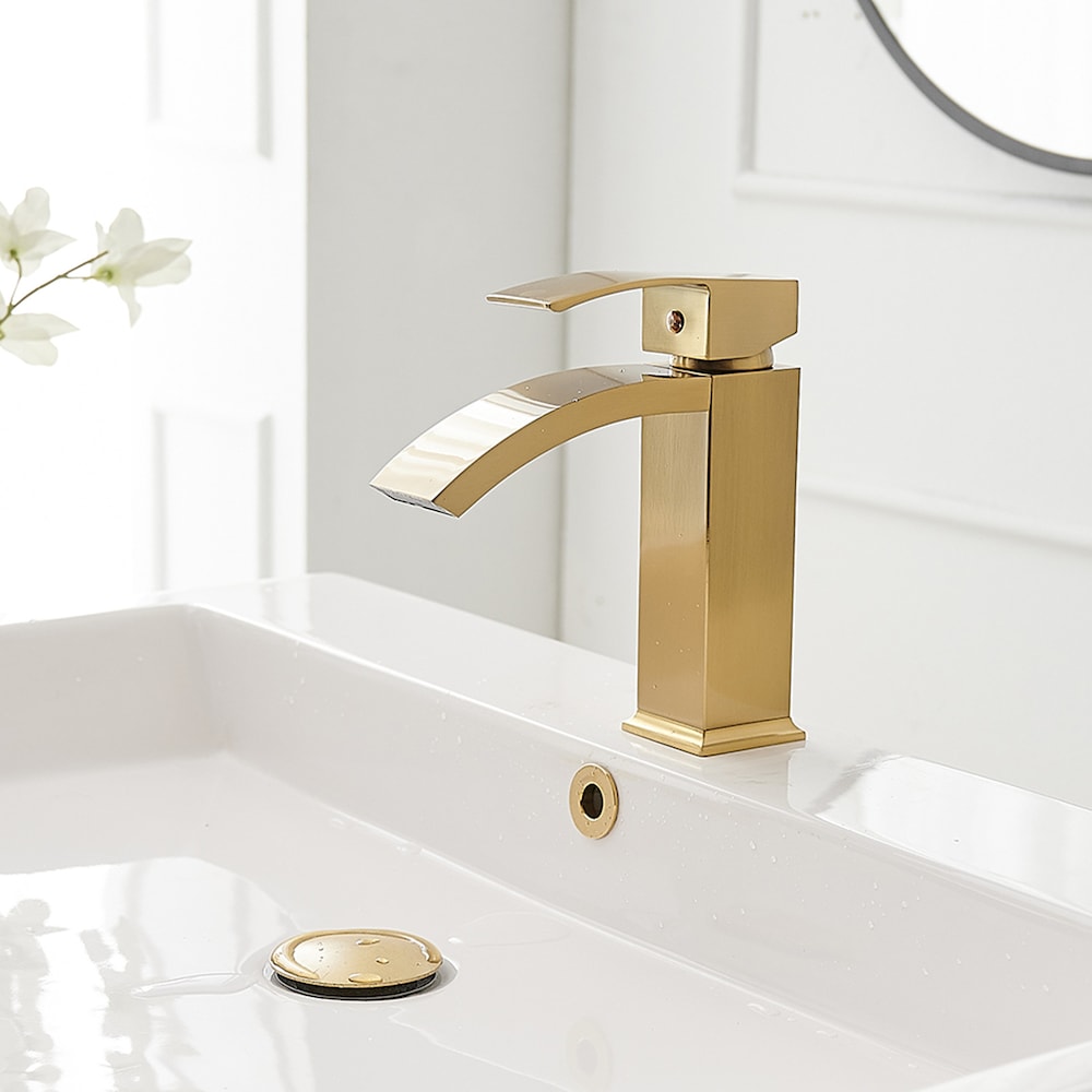 Robinet de salle de bain monotrou à cascade et poignée unique en or brossé