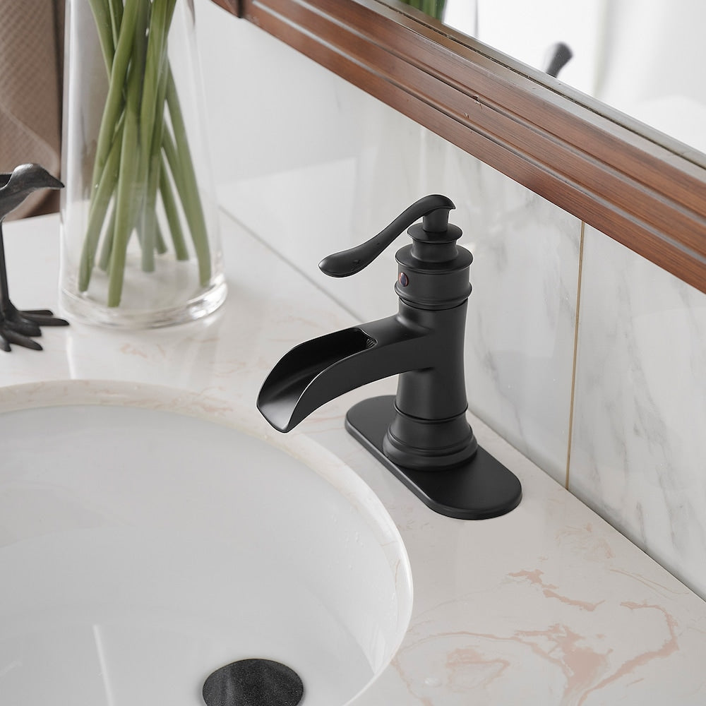 Robinet de salle de bain à un trou et à poignée unique en cascade avec ensemble de vidange en noir mat