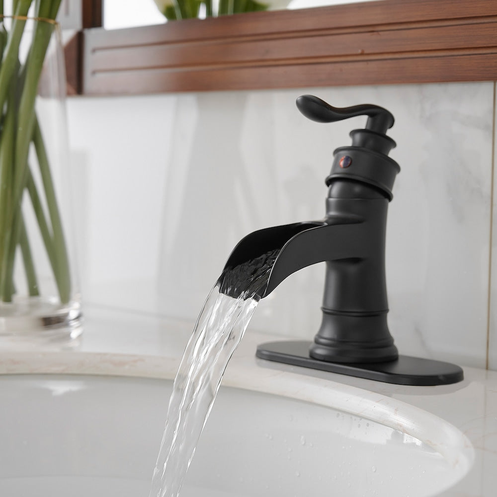 Robinet de salle de bain à un trou et à poignée unique en cascade avec ensemble de vidange en noir mat