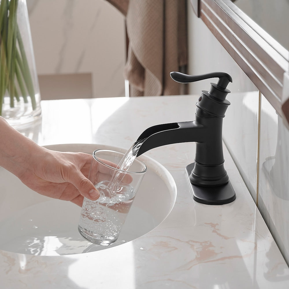 Robinet de salle de bain à un trou et à poignée unique en cascade avec ensemble de vidange en noir mat