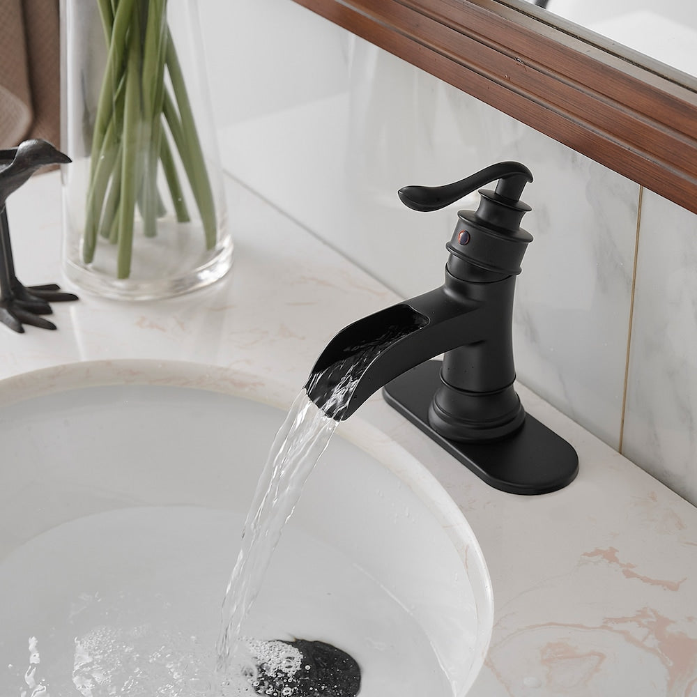 Robinet de salle de bain à un trou et à poignée unique en cascade avec ensemble de vidange en noir mat