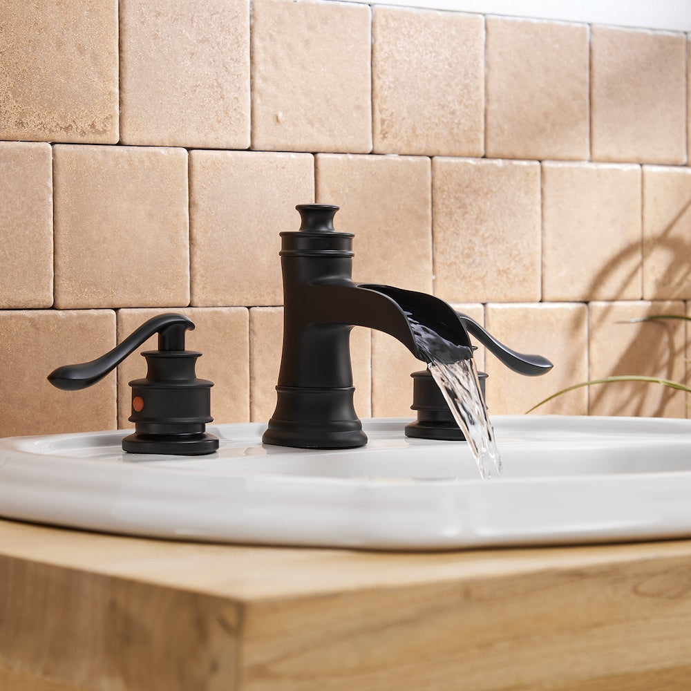 Robinet de salle de bain à 2 poignées et cascade de 8 pouces avec ensemble de vidange en noir mat
