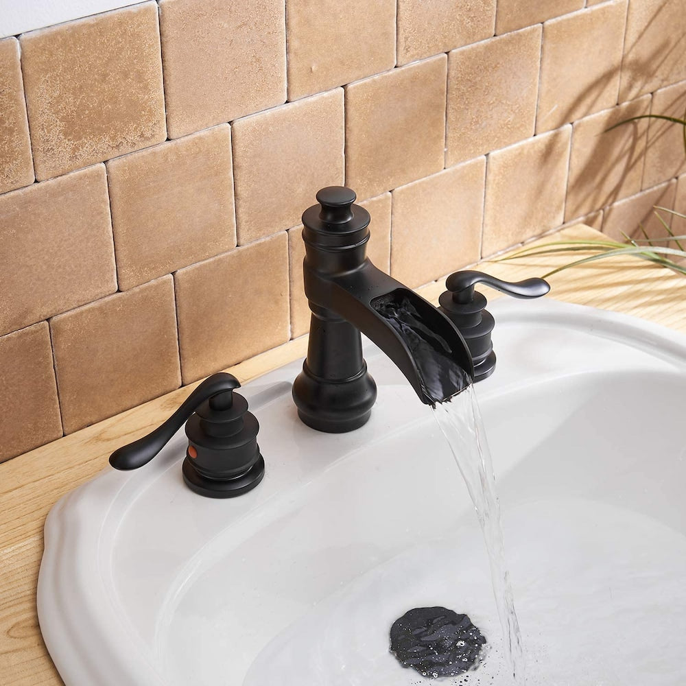 Robinet de salle de bain à 2 poignées à cascade de 8 pouces avec ensemble de vidange en noir mat résistant aux taches