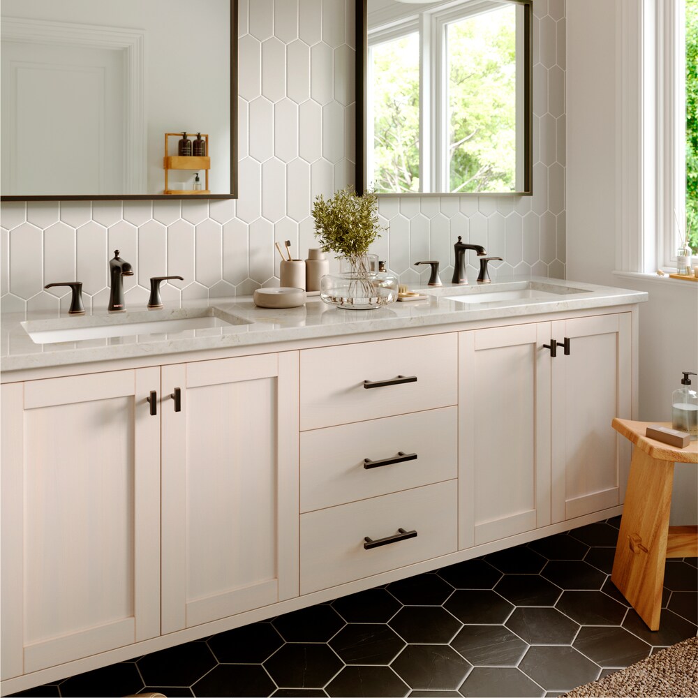 Woodburn Widespread Three-Hole 2-lever Bathroom Faucet-Matching Pop-Up Drain in Oil Rubbed Bronze