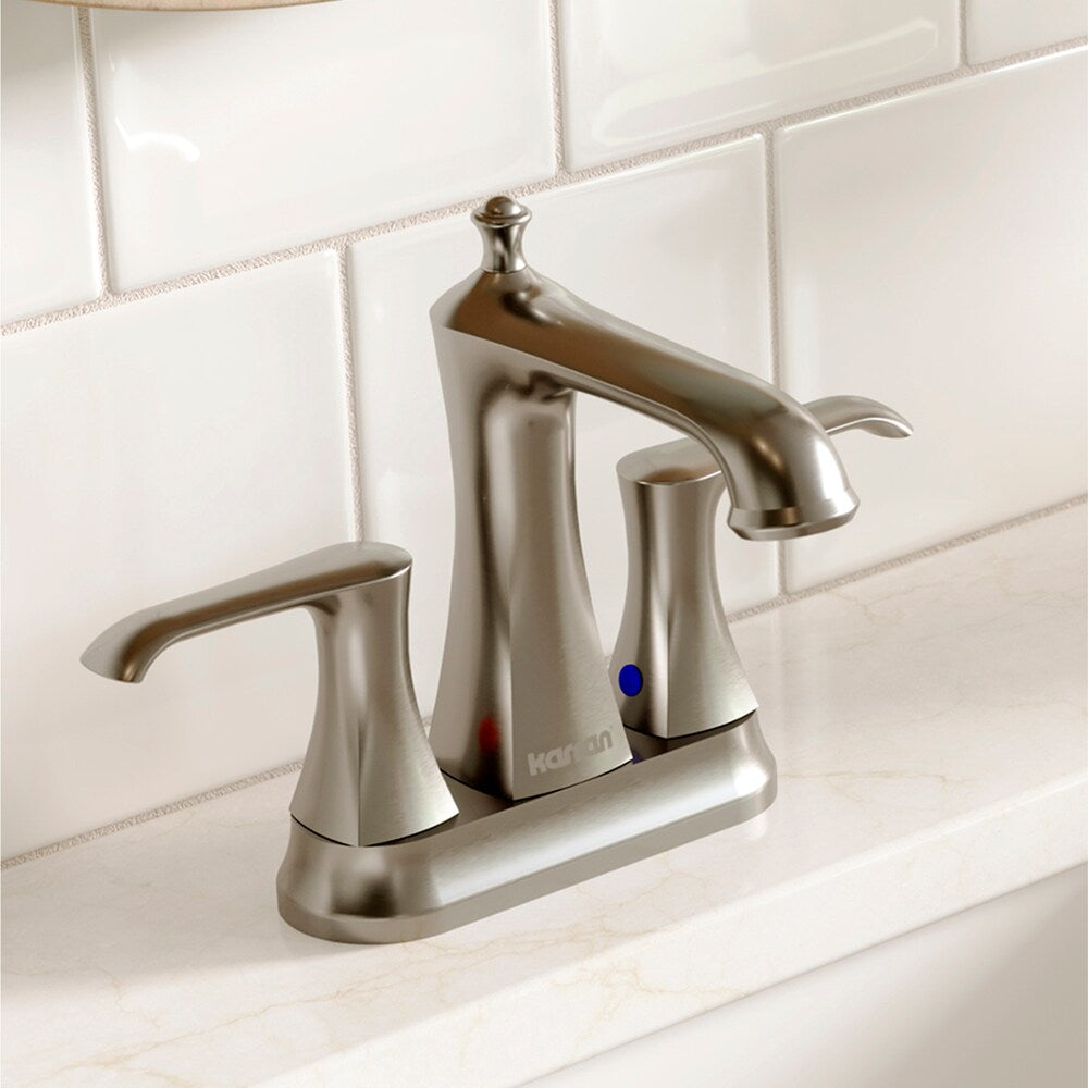 Woodburn Two-Hole 2-Handle Bathroom Faucet with Matching Pop-Up Drain in Stainless Steel