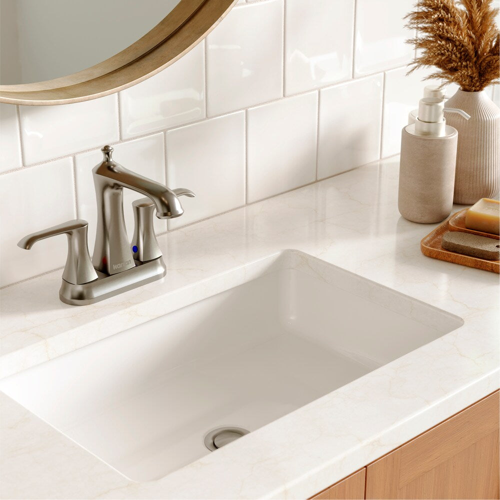 Woodburn Two-Hole 2-Handle Bathroom Faucet with Matching Pop-Up Drain in Stainless Steel