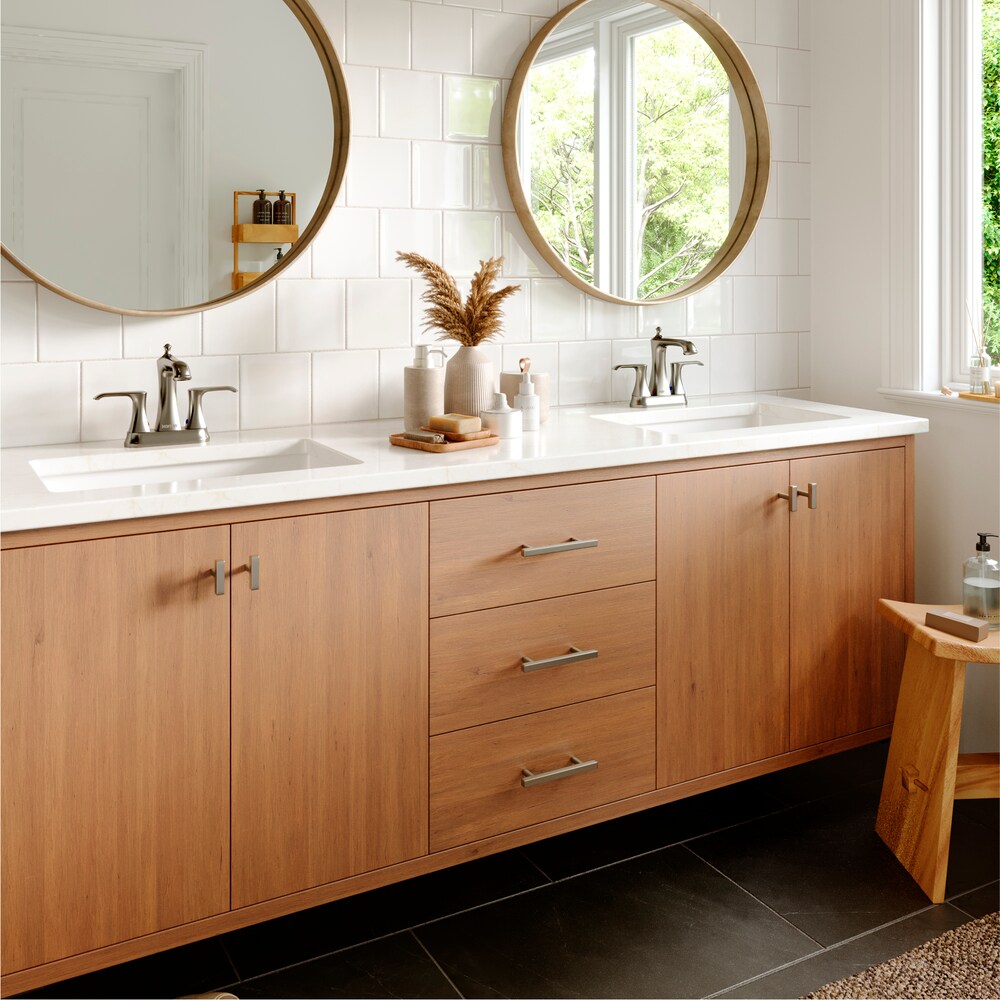 Woodburn Two-Hole 2-Handle Bathroom Faucet with Matching Pop-Up Drain in Stainless Steel