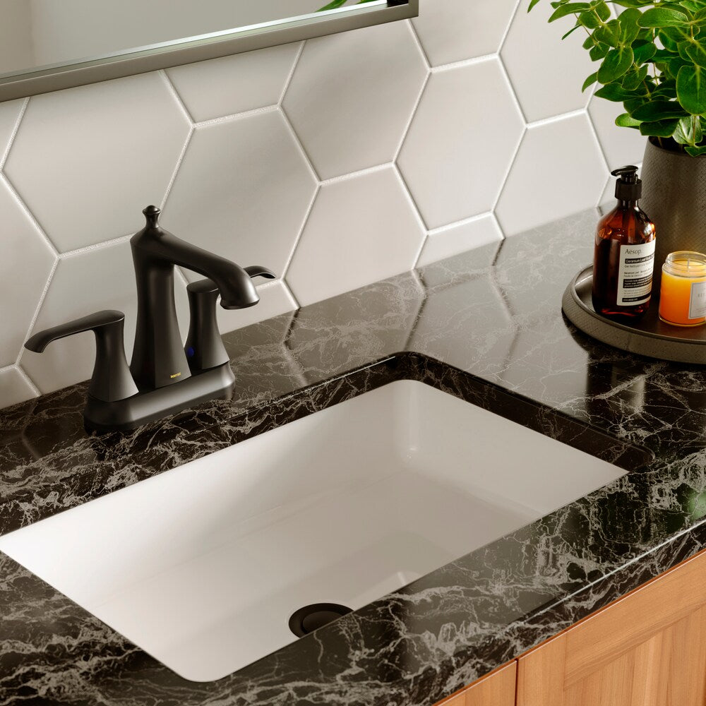 Woodburn Two-Hole 2-Handle Bathroom Faucet with Matching Pop-Up Drain in Matte Black