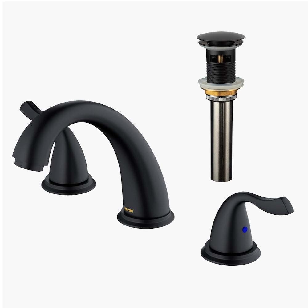 Fulham Three Hole Two Handle Widespread Bathroom Faucet with Matching Pop-up Drain in Matte Black