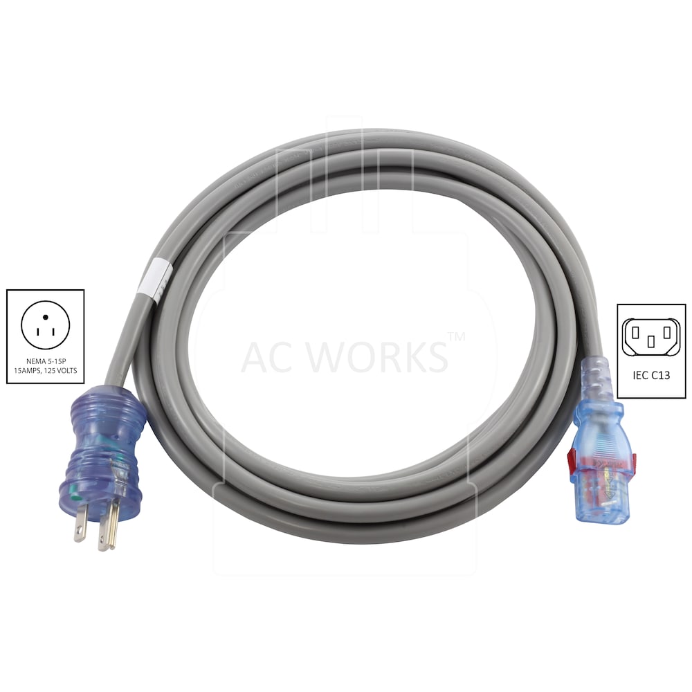 10ft 15 Amp 125 Volt 14/3 Medical-Hospital Grade Power Cord with Locking IEC C13