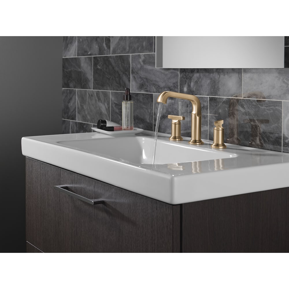 Tetra 4-16 in. Widespread 2-Handle Low Arc T Handle Bathroom Faucet with Metal Drain in Gold