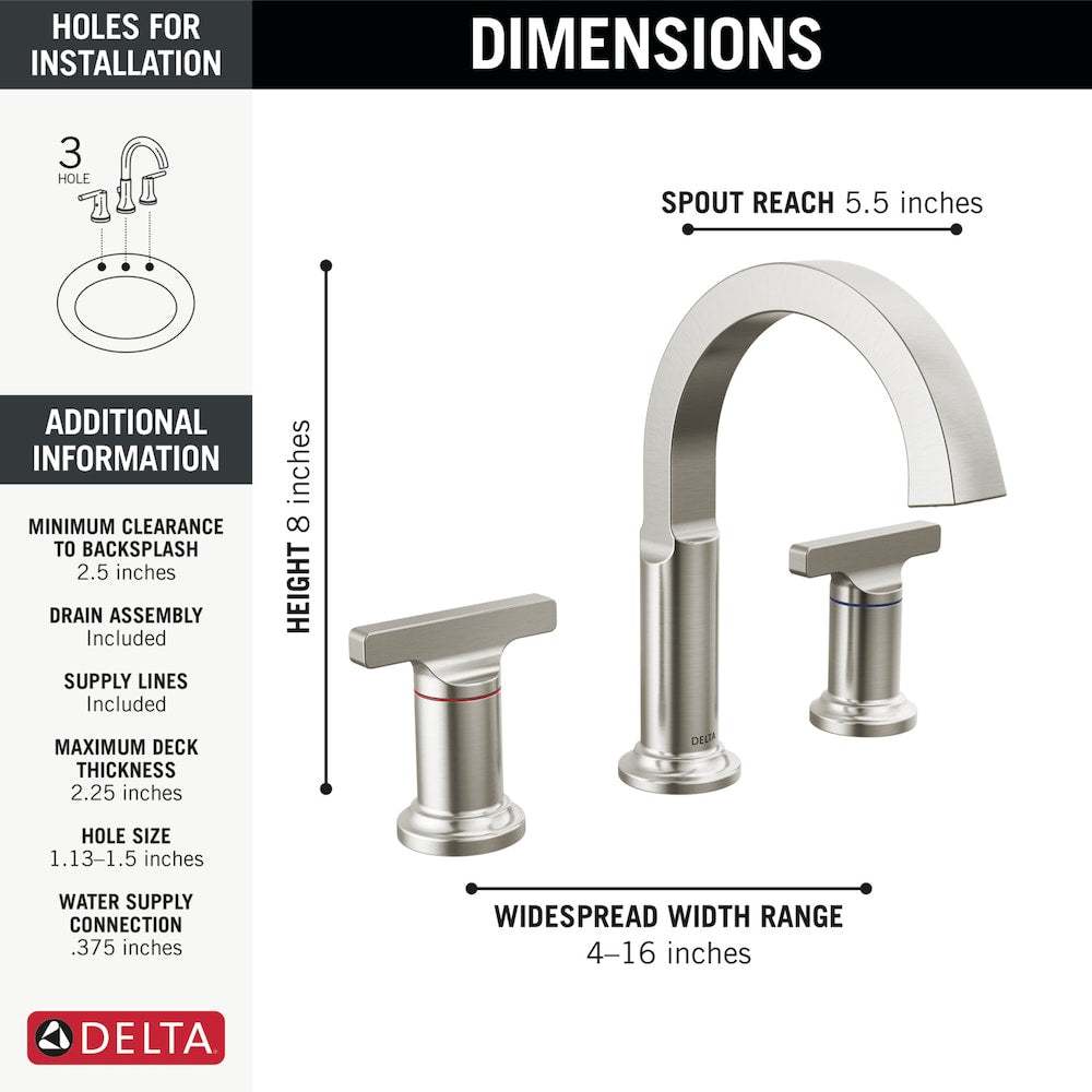Robinet de salle de bain Tetra 4-16 po à 2 poignées et à arc élevé avec drain en métal en acier inoxydable