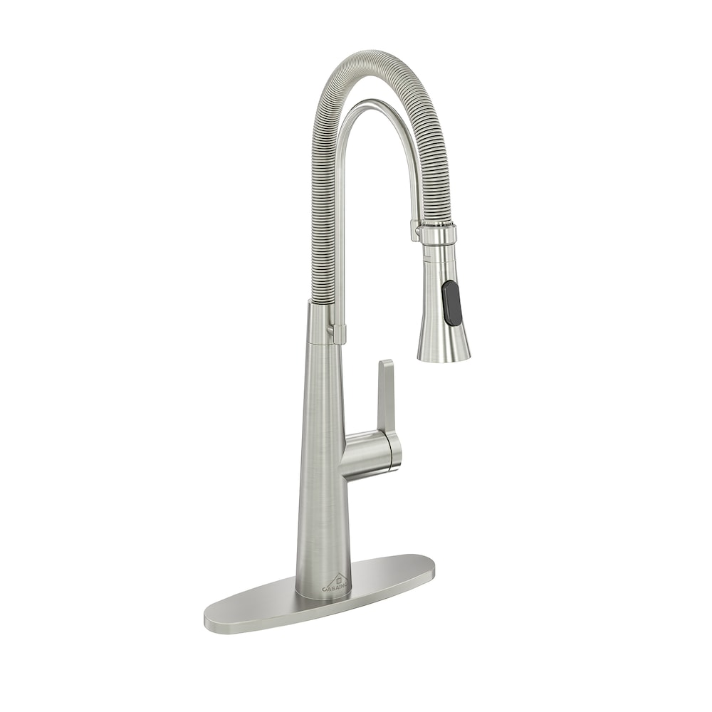 1-Handle Spring Neck Standard Kitchen Faucet with Dual-Function Spray Head and Deckplate in Brushed Nickel