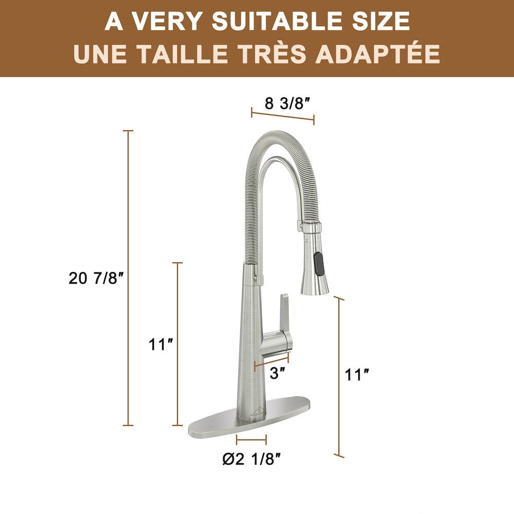 1-Handle Spring Neck Standard Kitchen Faucet with Dual-Function Spray Head and Deckplate in Brushed Nickel