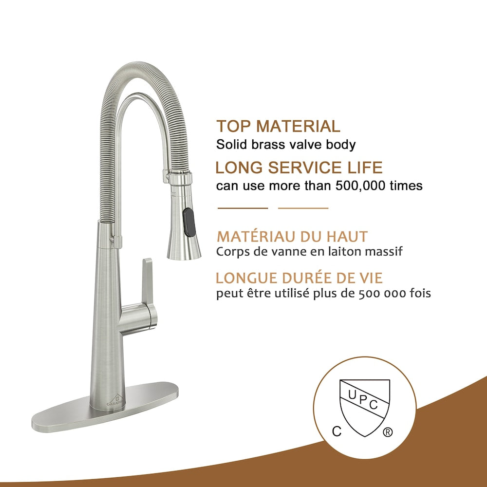 1-Handle Spring Neck Standard Kitchen Faucet with Dual-Function Spray Head and Deckplate in Brushed Nickel