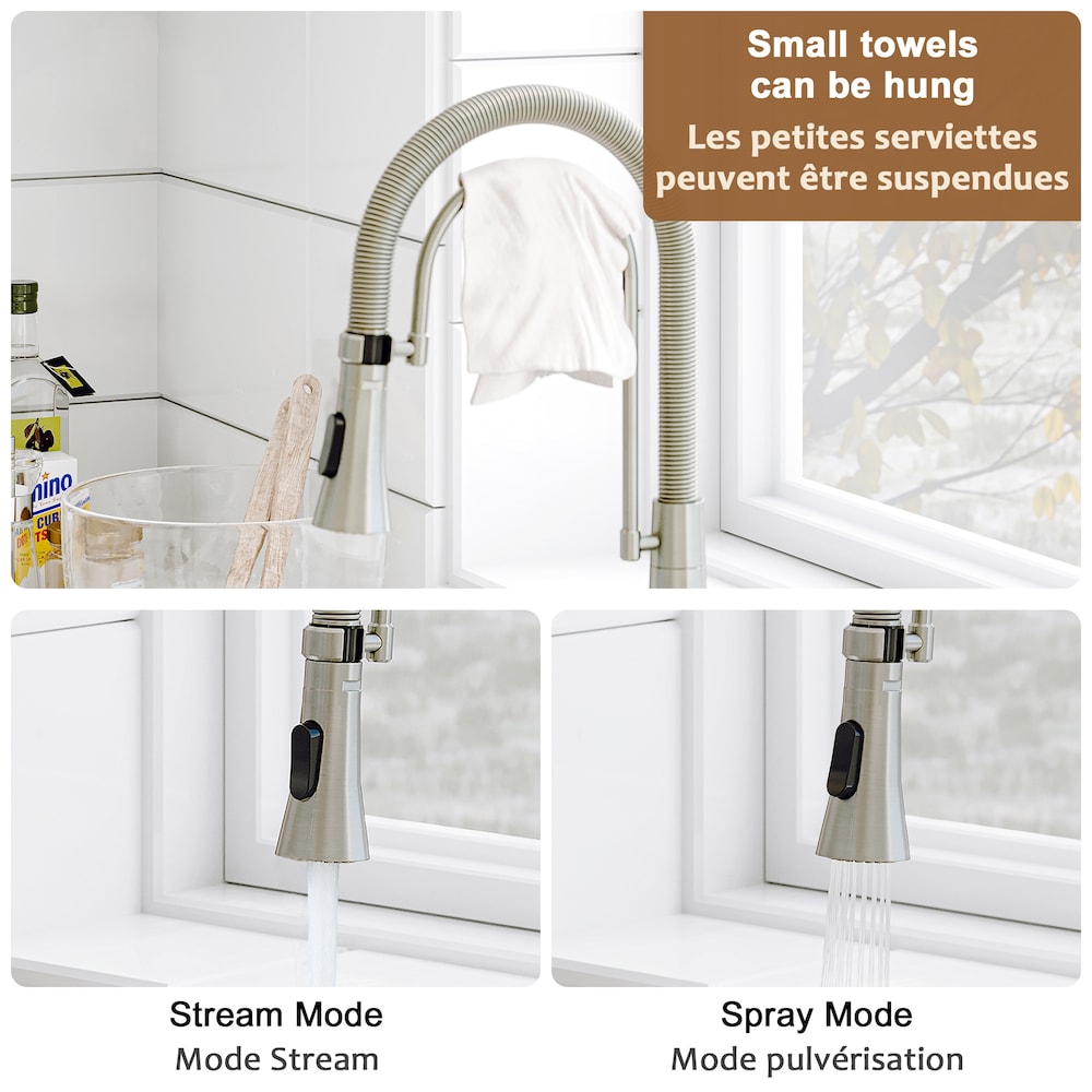 1-Handle Spring Neck Standard Kitchen Faucet with Dual-Function Spray Head and Deckplate in Brushed Nickel