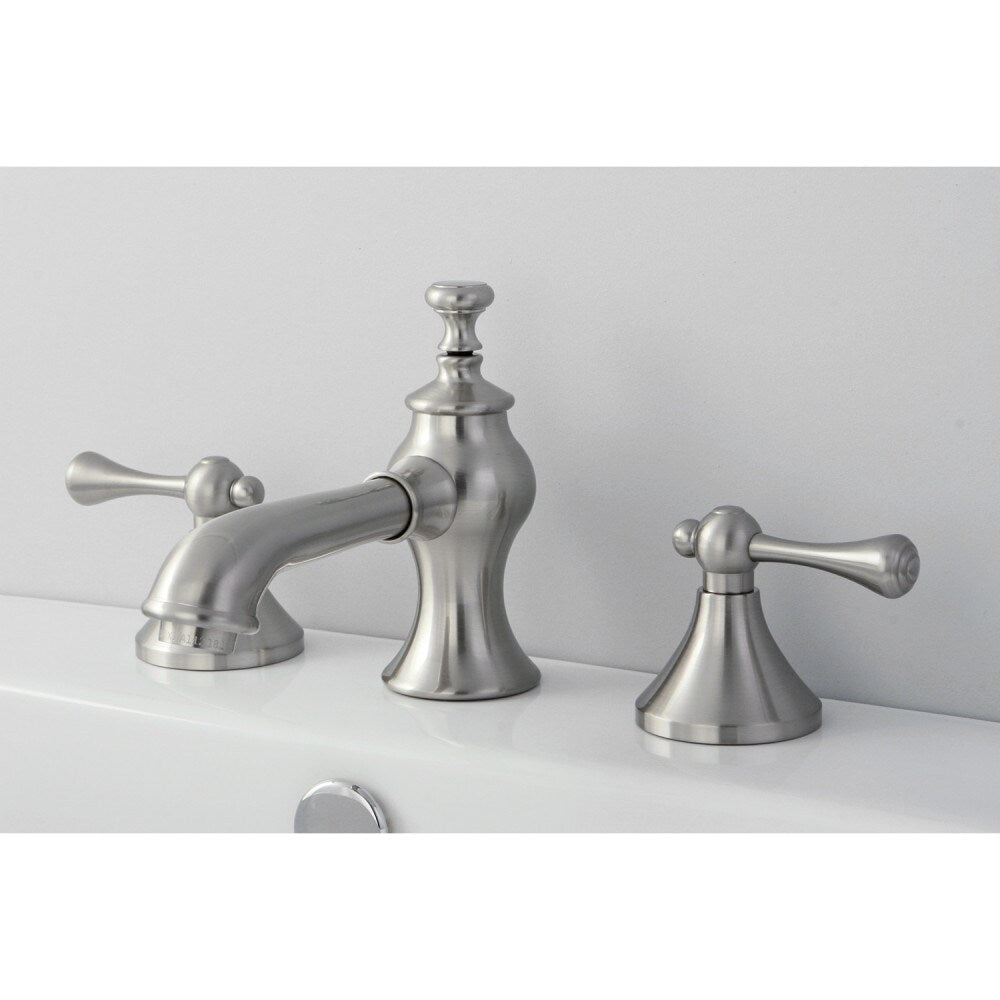 English Lever 8 inch Widespread 2-Handle Mid-Arc Bathroom Faucet in Brushed Nickel
