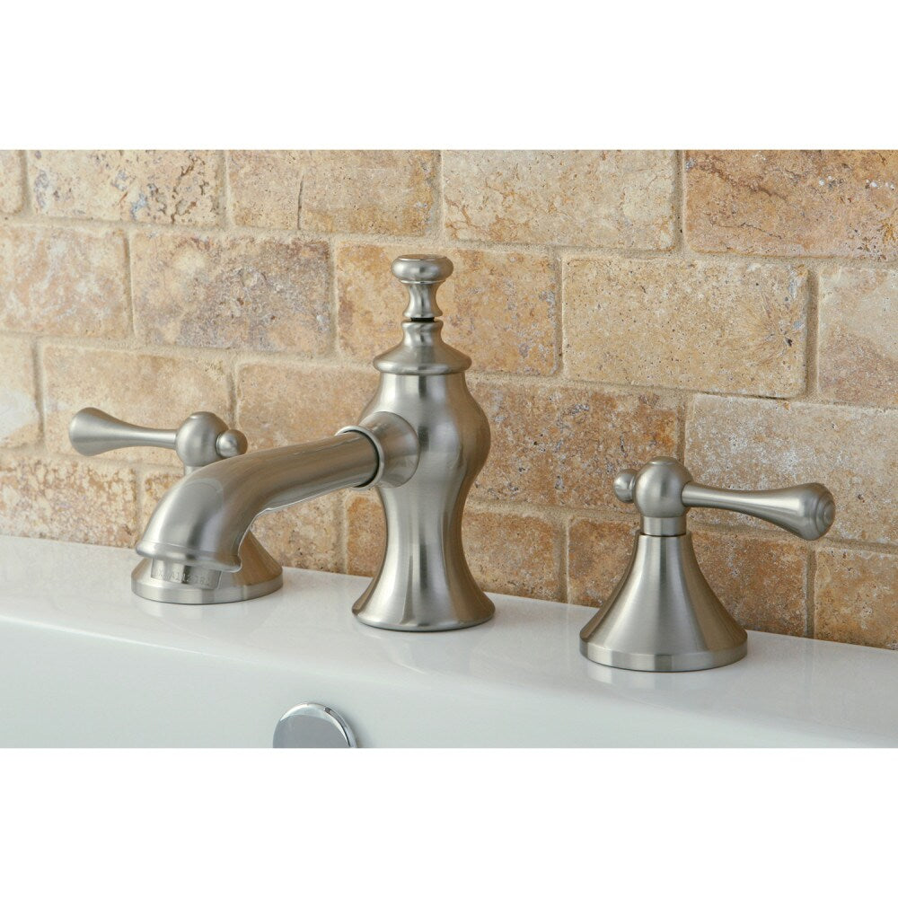 English Lever 8 inch Widespread 2-Handle Mid-Arc Bathroom Faucet in Brushed Nickel