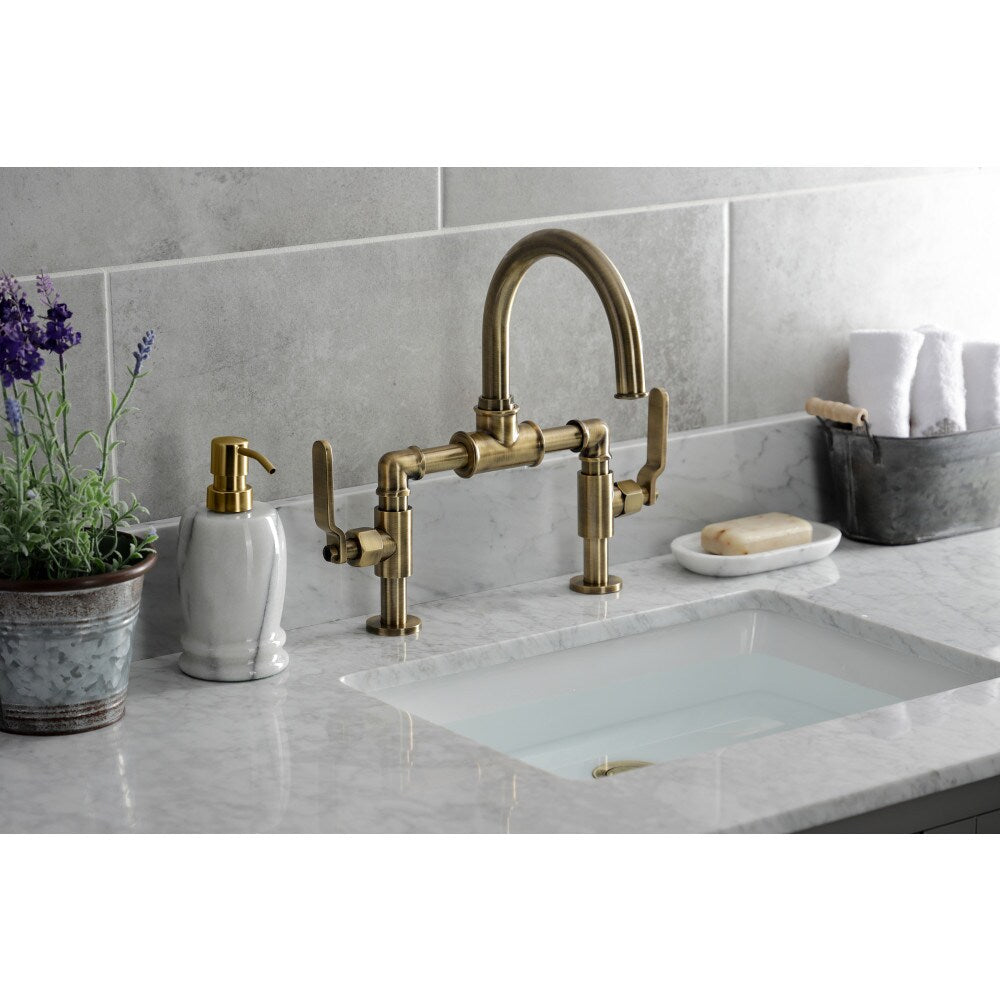 Industrial Bridge 8 inch Widespread 2-Handle Bathroom Faucet in Antique Brass