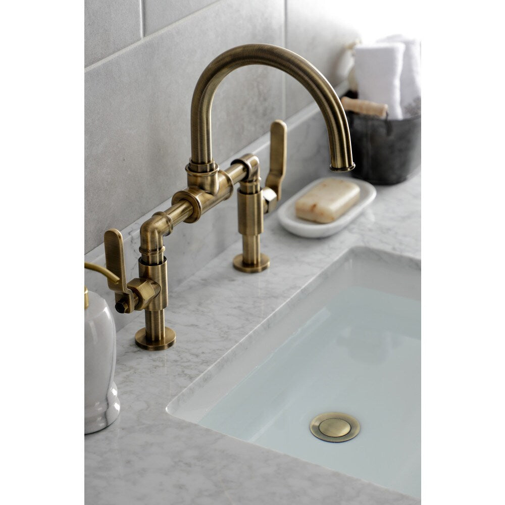 Industrial Bridge 8 inch Widespread 2-Handle Bathroom Faucet in Antique Brass