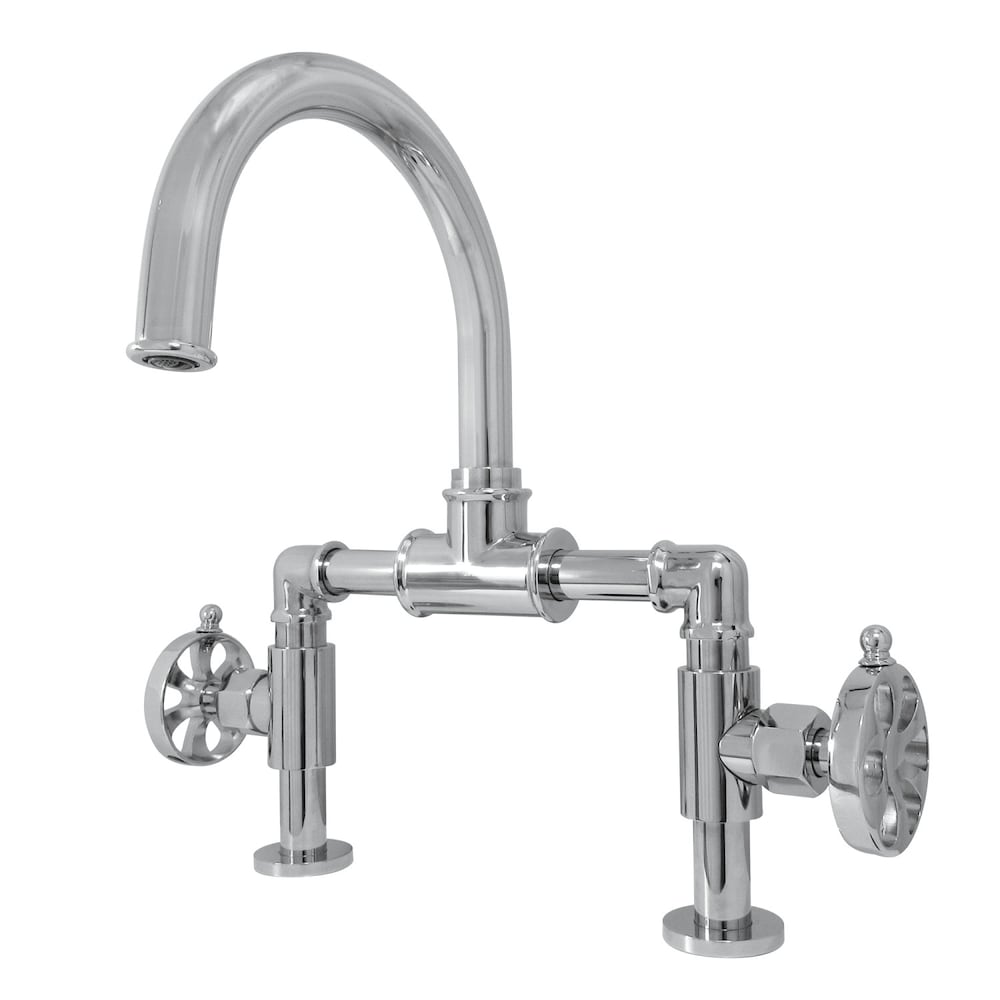 Industrial Wheel Bridge 8 inch Widespread 2-Handle Bathroom Faucet in Polished Chrome