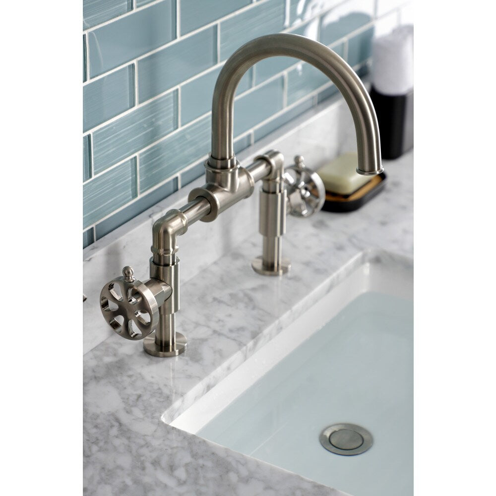 Robinet de salle de bain à 2 poignées de 8 pouces Industrial Wheel Bridge en nickel brossé