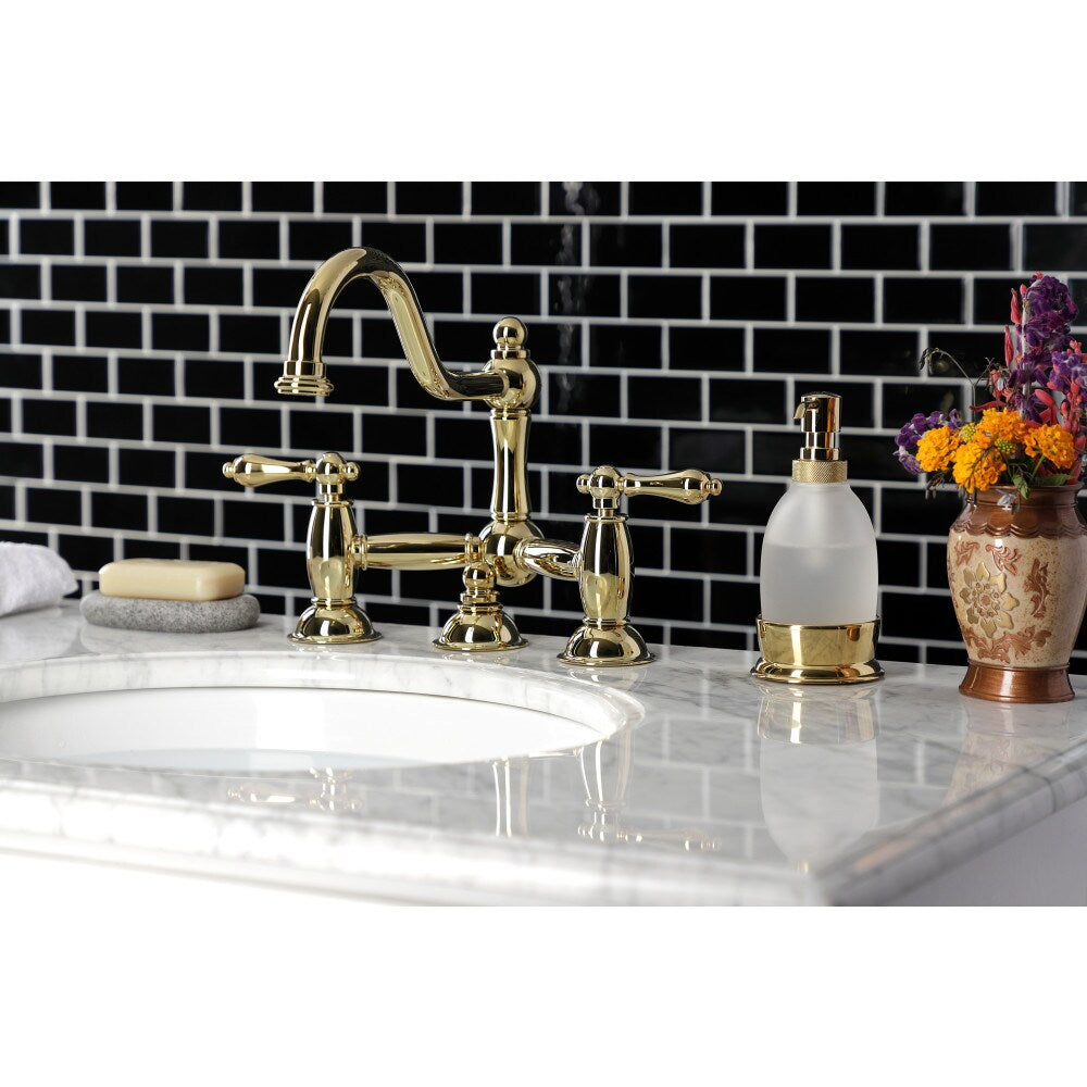 Restoration Bridge 8-inch Widespread 2-Handle Bathroom Faucet in Polished Brass