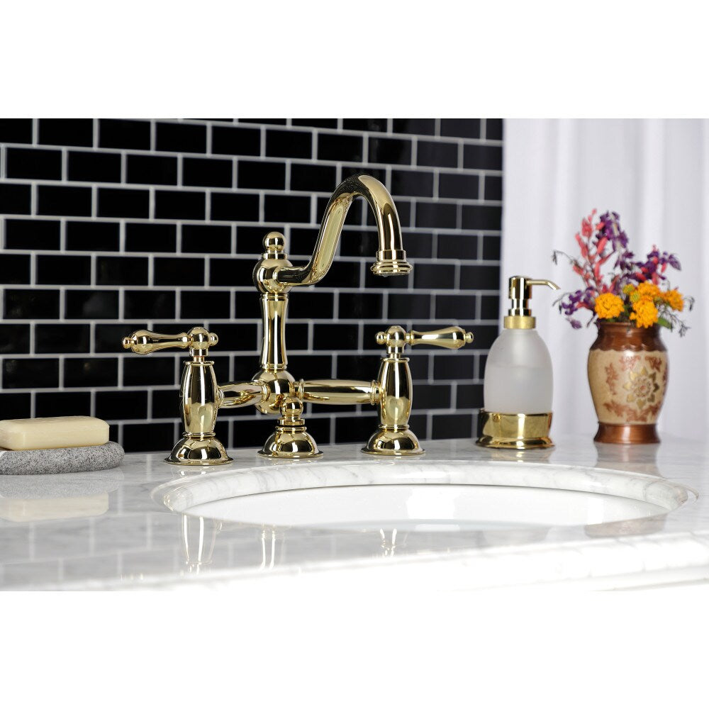 Restoration Bridge 8-inch Widespread 2-Handle Bathroom Faucet in Polished Brass