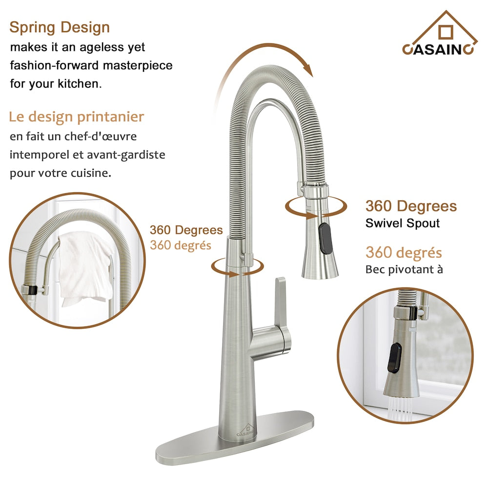 1.8GPM Spring Single Handle Pull-Down Sprayer Kitchen Faucet in Brushed Nickel