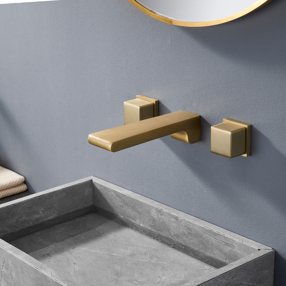 Spot Free Widespread Wall Mount 3-Hole Sink Faucet with Double handle in Brushed Gold