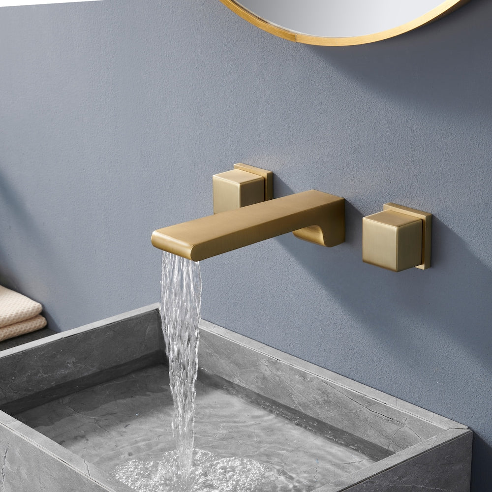 Spot Free Widespread Wall Mount 3-Hole Sink Faucet with Double handle in Brushed Gold