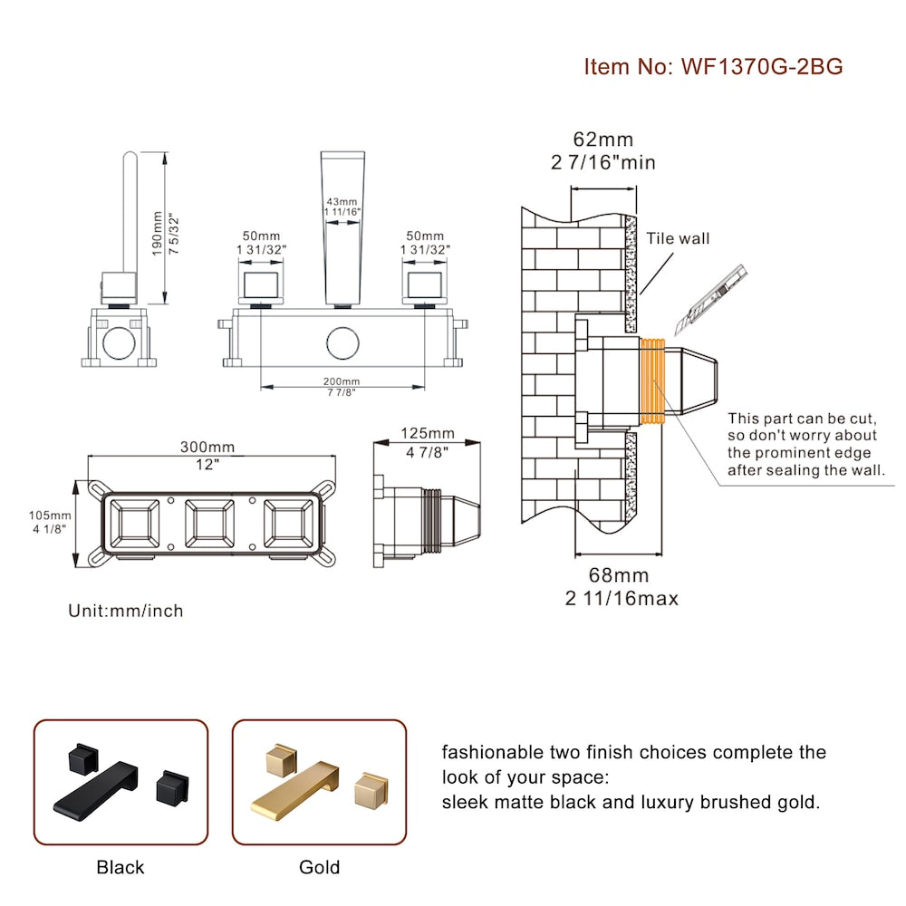 Spot Free Widespread Wall Mount 3-Hole Sink Faucet with Double handle in Brushed Gold