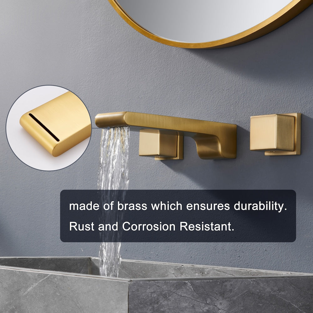 Spot Free Widespread Wall Mount 3-Hole Sink Faucet with Double handle in Brushed Gold