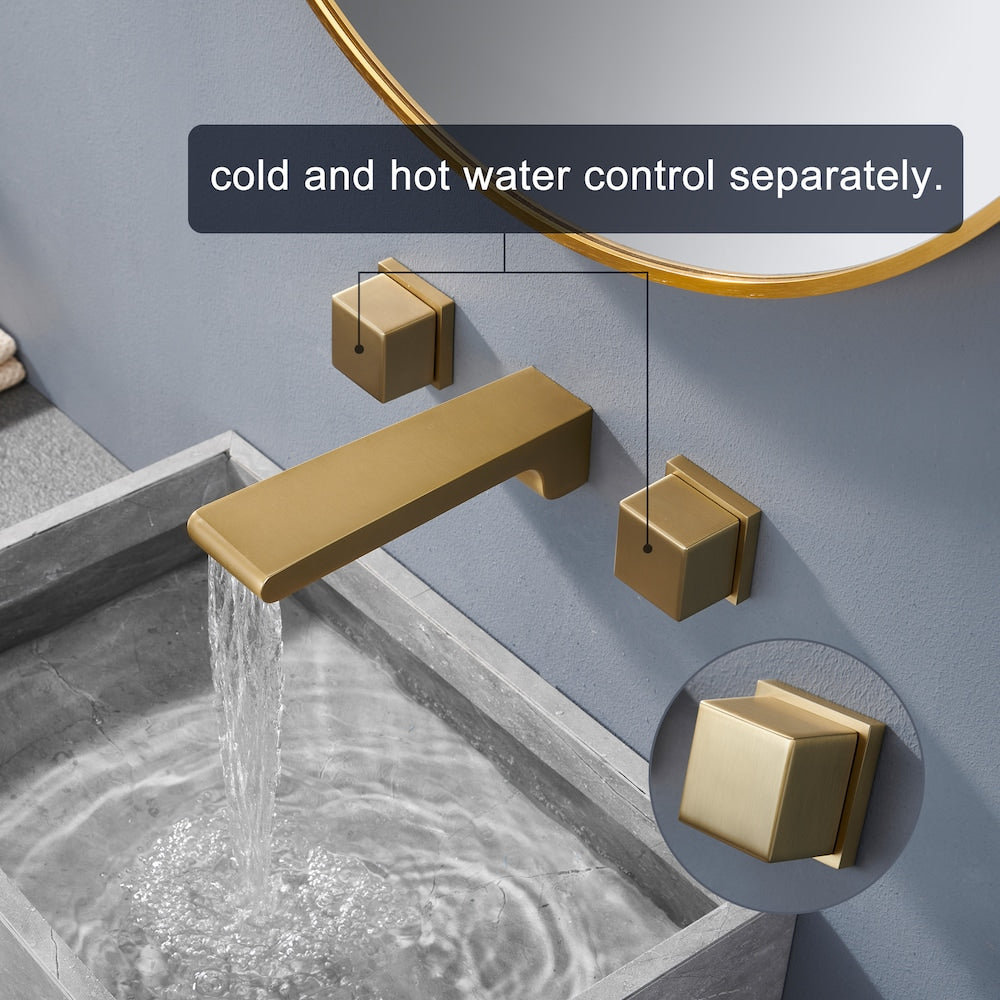 Spot Free Widespread Wall Mount 3-Hole Sink Faucet with Double handle in Brushed Gold