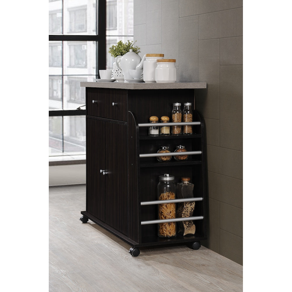 35.5-inch W Engineered Wood Kitchen Cart with Spice Rack in Chocolate-Grey