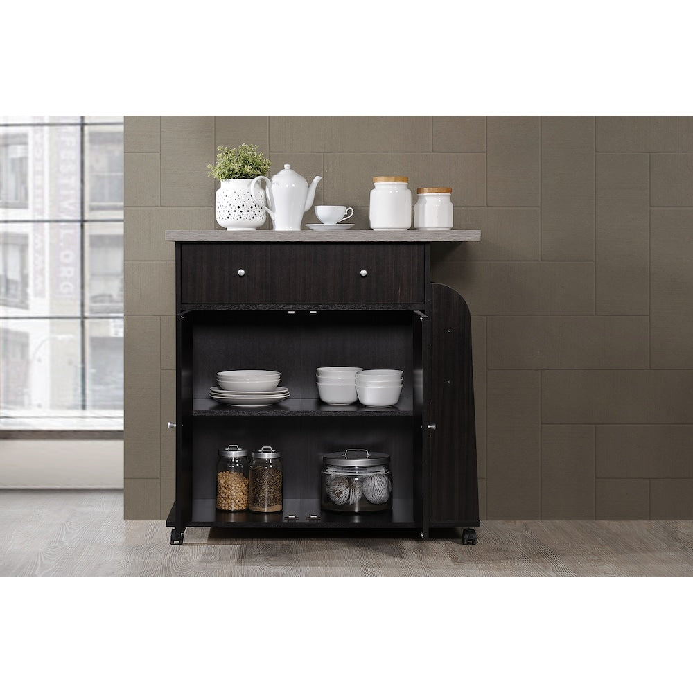 35.5-inch W Engineered Wood Kitchen Cart with Spice Rack in Chocolate-Grey