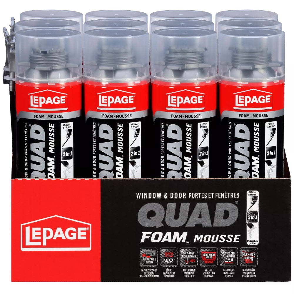 Quad Window & Door Spray Foam Insulation Sealant, Interior/Exterior, 453g, Case Pack of 12
