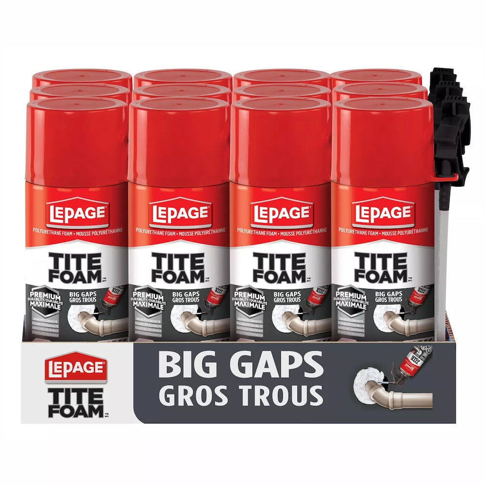 Tite Foam Big Gaps Spray Mousse isolante d'étanchéité, intérieur/extérieur, 340 g, paquet de 12