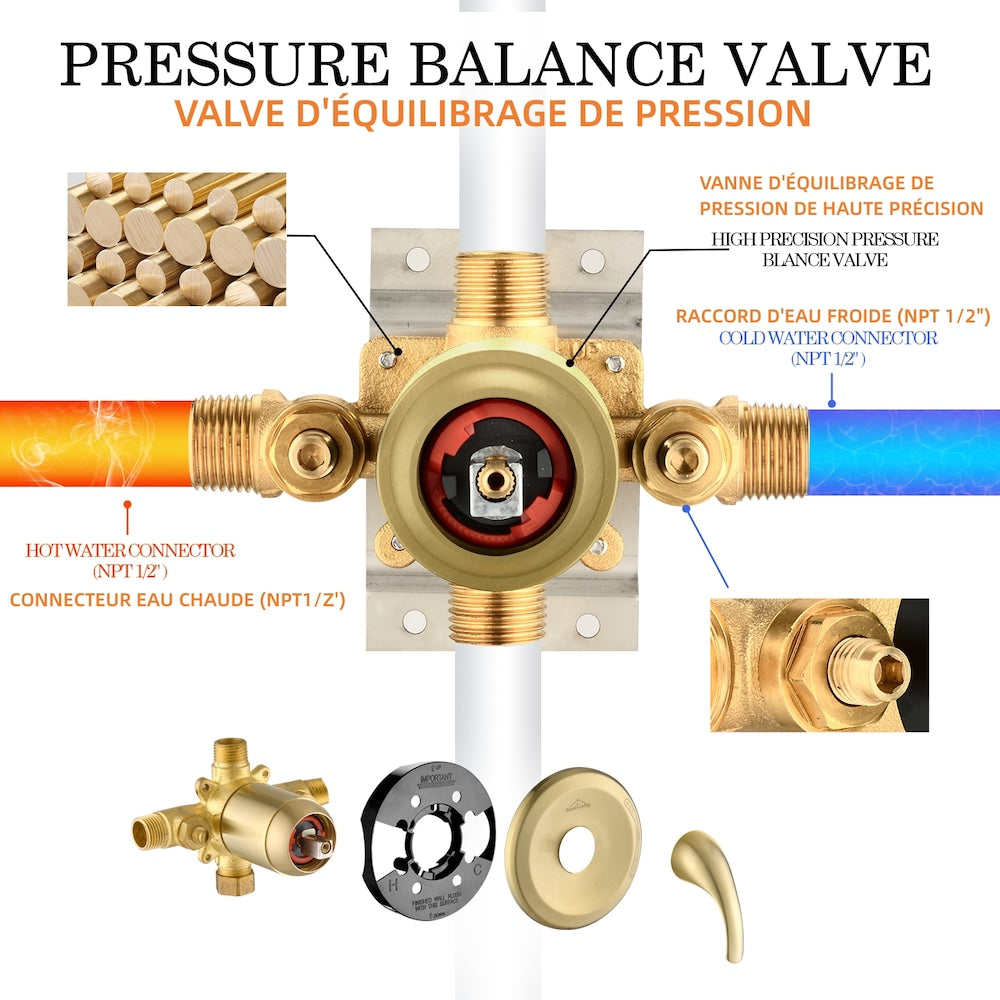 Valve d'équilibrage de pression à fonction unique avec kit de garniture à poignée unique en or brossé